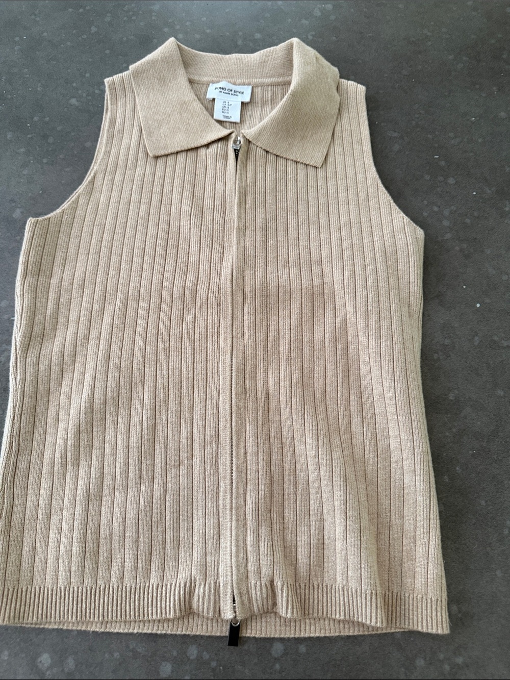 Ribbed Sleeveless Zip Polo Top in Beige